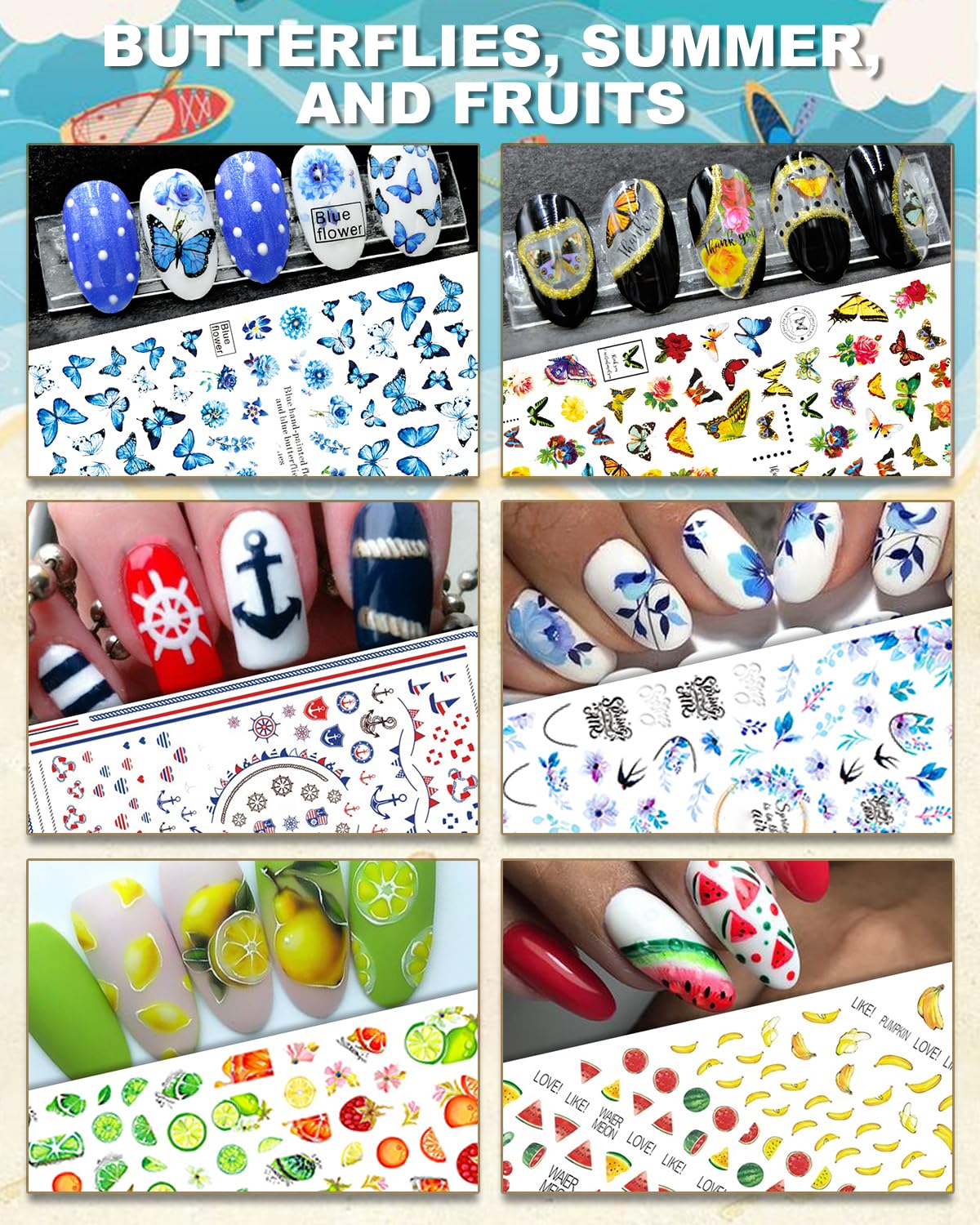 IDDFEVE 30 Sheets All Holiday Nail Art Stickers, Variety Pack Seasonal Nail Decals, Self-Adhesive Colorful Design for Daisy Flowers Butterflies Star Halloween Christmas