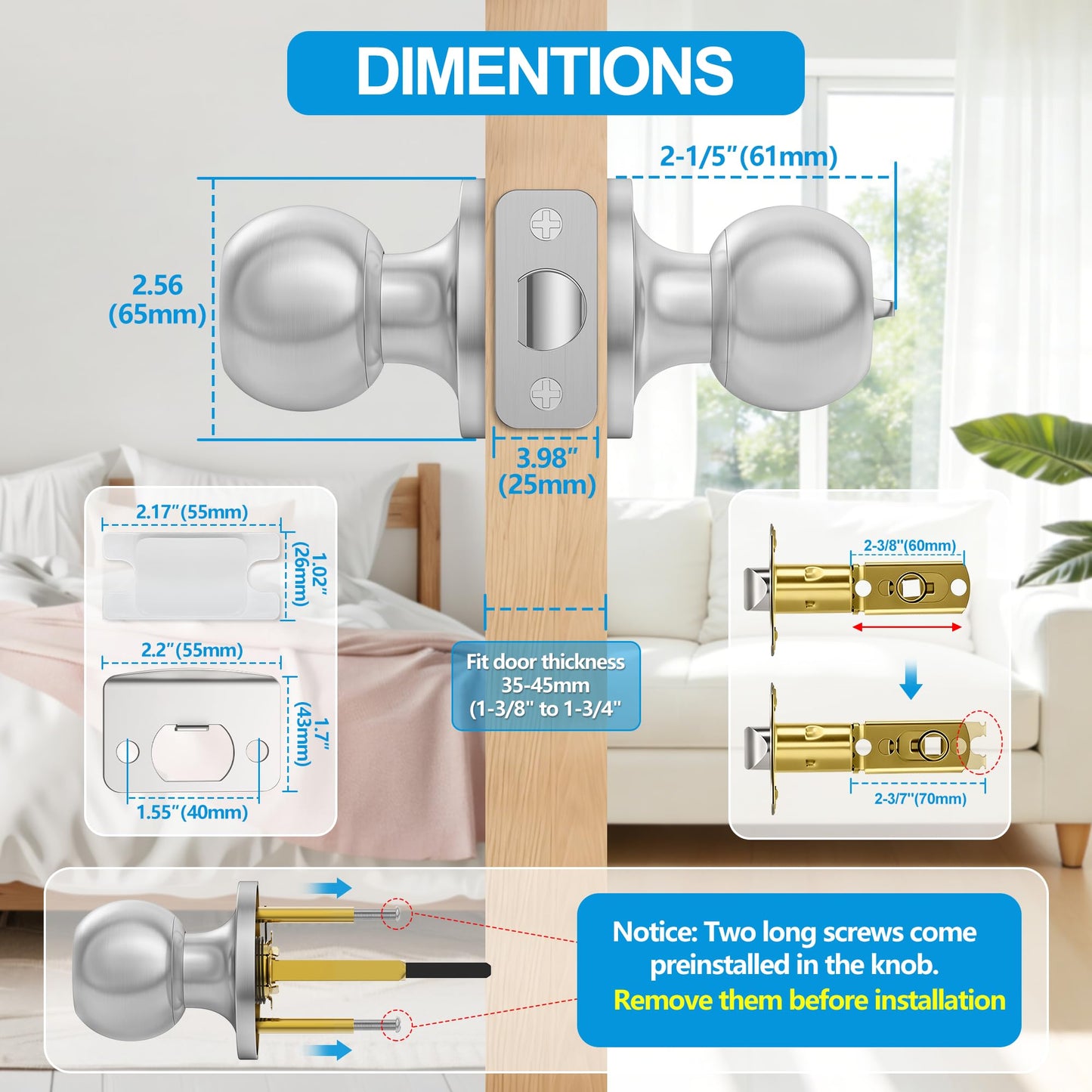 Plustool 5 Pack Privacy Door Knobs Interior, Satin Nickel Doorknob with Lock -ANSI Grade-3 Certified, Keyless Door Locks for Bedroom,Bathroom, Modern Heavy Duty Handle with Round Ball, Easy to Install