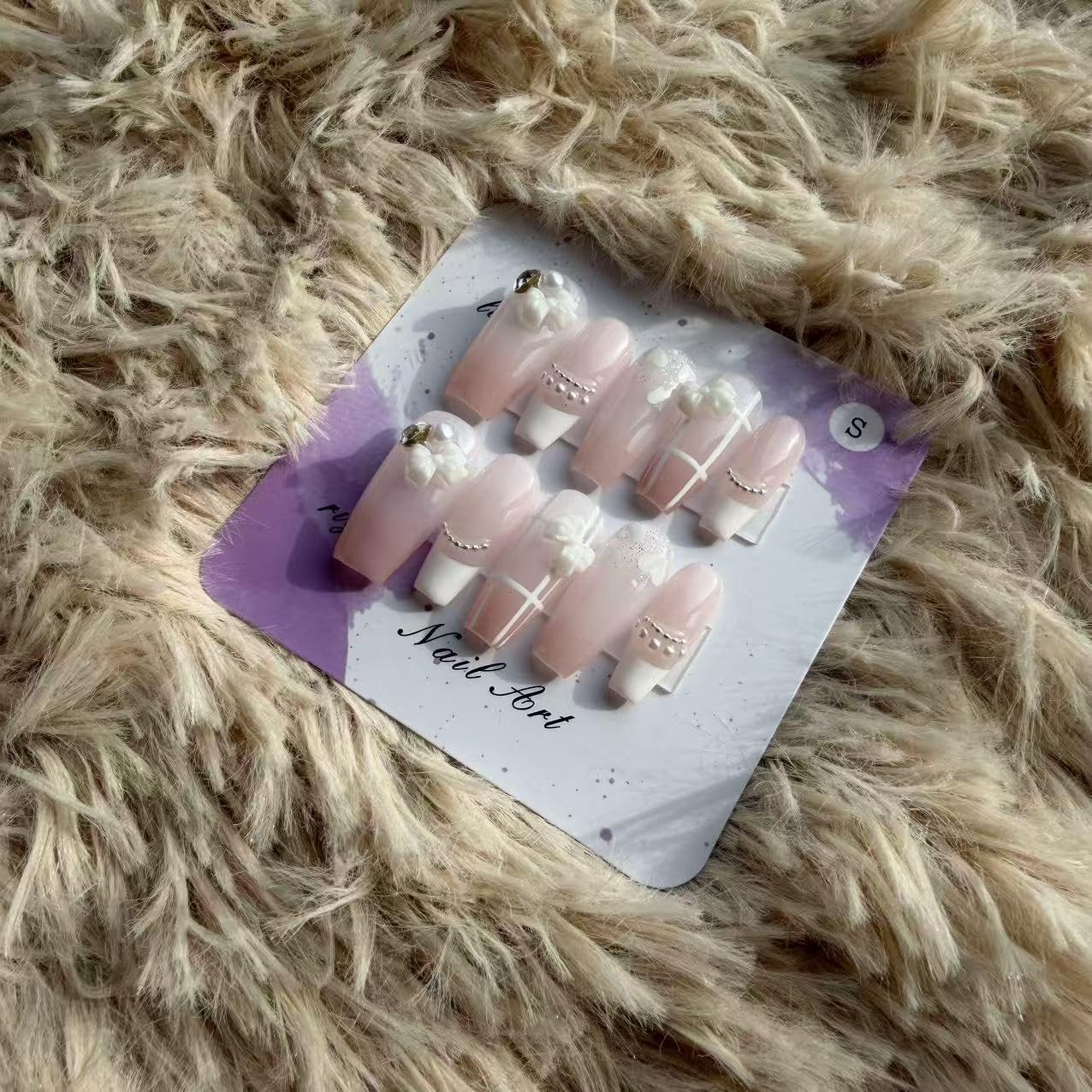 Handmade Wearing Armor Light Pink High end Style Atmosphere Bow 3D Relief Nail Patch Small Size