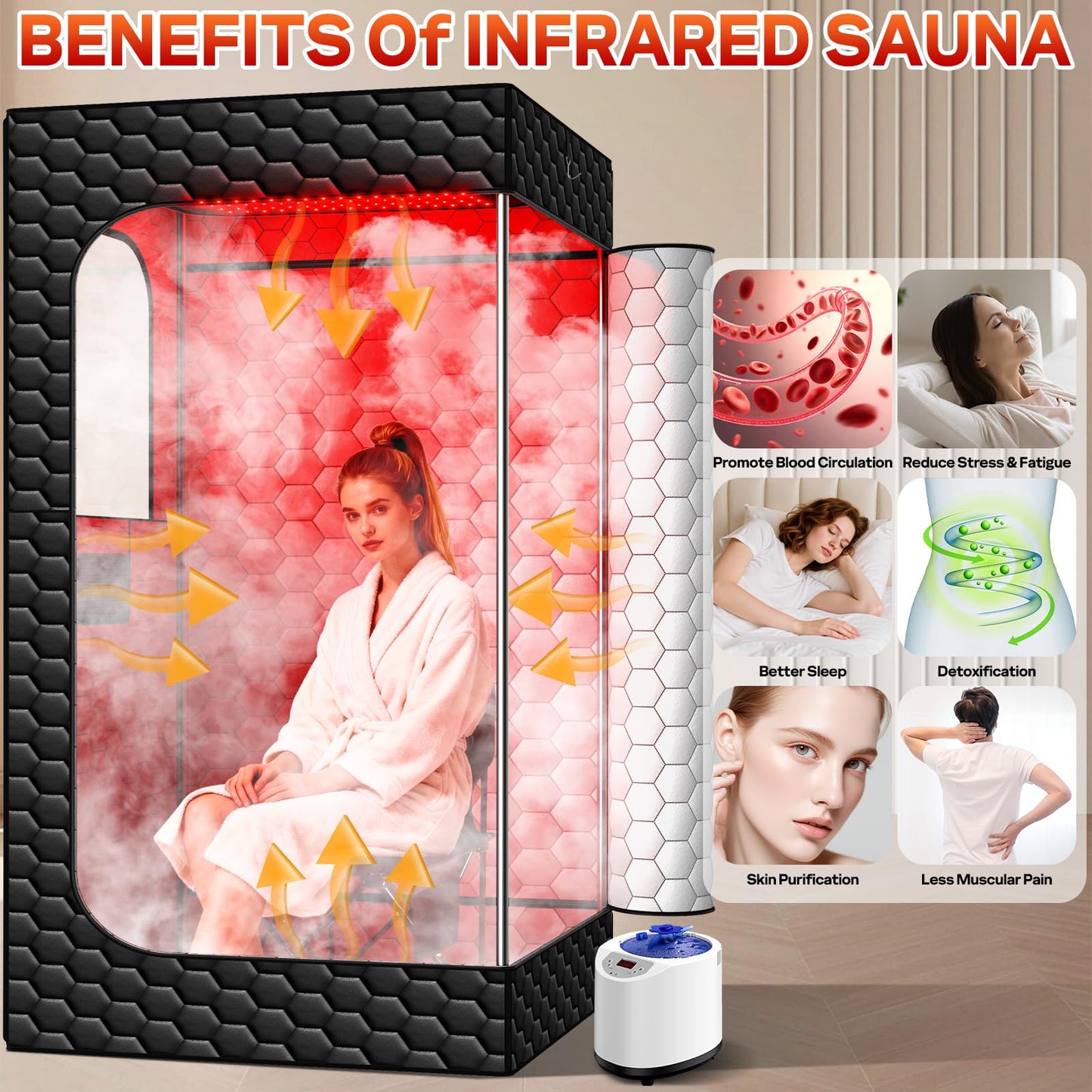 bsdonte Infrared Sauna Box, 160 LEDs Red Light Sauna Steam Room, Portable Sauna Tent with 3L/1200W Steamer, 15 Heating Levels, Folding Chair, Indoor Saunabox for Home Spa Relaxation