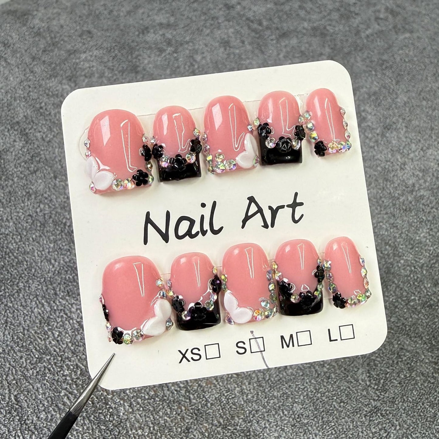 Black French Tip Press on Nails Short Square False Nail Handmade Flower Acrylic Nails 3D Rhinestone Designs Thick and Muti-Layer Gel Fake Nails Art Full Cover Luxury False Nail for Women（M)