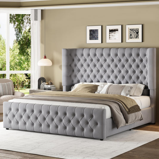 Jocisland Queen Size Platform Bed Frame, 6.3" Thick Upholstered Curved Wingback Headboard and Footboard with Deep Button Tufted, Easy Assembly, No Box Spring Needed, Light Grey Velvet