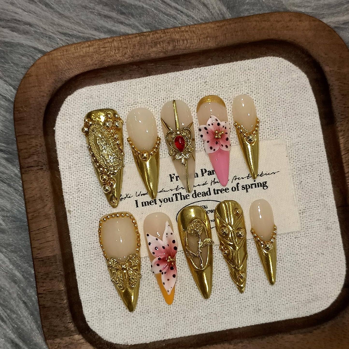 TENPAL Antique Gold French Tips Press on Nails Long Stiletto,Baroque Style Fake Nails with 3D Charms Roses,Cherubs,Bows,Soft Gel Metallic Fake Nails Kit Tools 10pcs,Full Cover Vintage Luxe Nails(M)