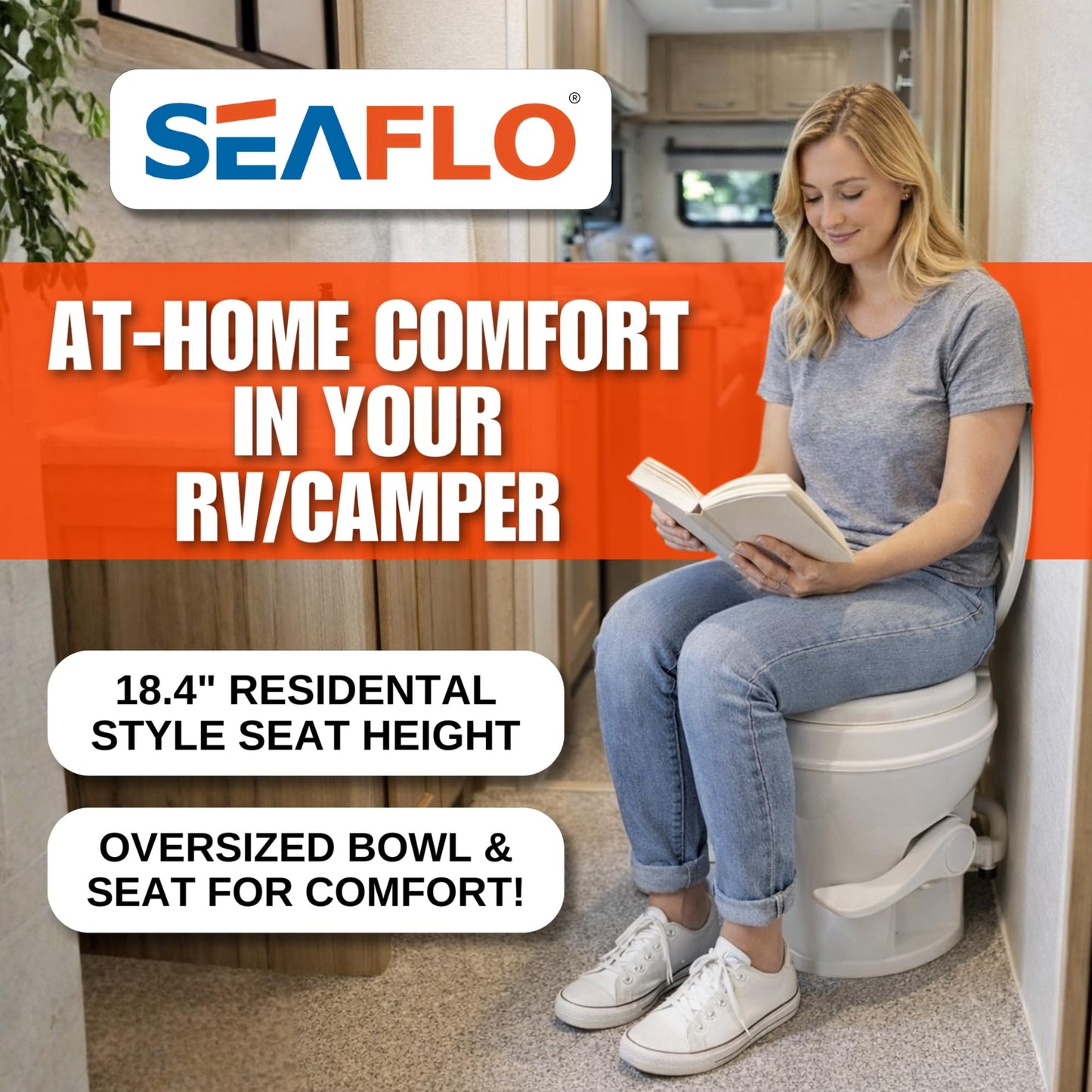 SEAFLO RV Toilet, 18.4” Residential Height, Gravity Flush System, Foot Pedal Operation, Soft Close Seat, for RV Motorhomes Campers, IAPMO & CSA Certified - 4-Year Warranty