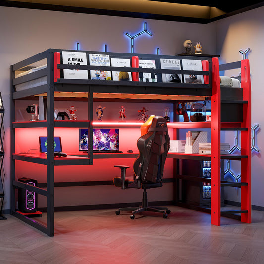 DNYN Gaming Loft Bed with Built-in Desk and Storage Shelves for Teens/Adults Bedroom, Space-Saving Full Size Wooden Bed Frame with LED & Side Race, No Box Spring Needed