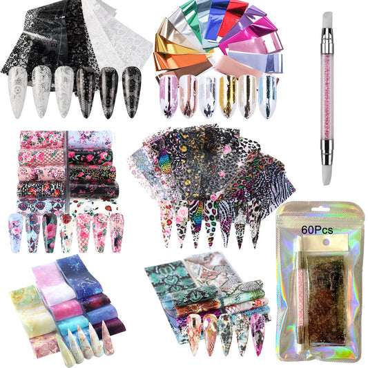 60 Pieces Nail Art Transfer Foils,Mixed Designs - White Black Lace, Flowers, Leopard Print, Marble, Snake Print Patterns, 1 Pcs Nail Art Engraving Pen Silicone Pen, 4 * 20cm