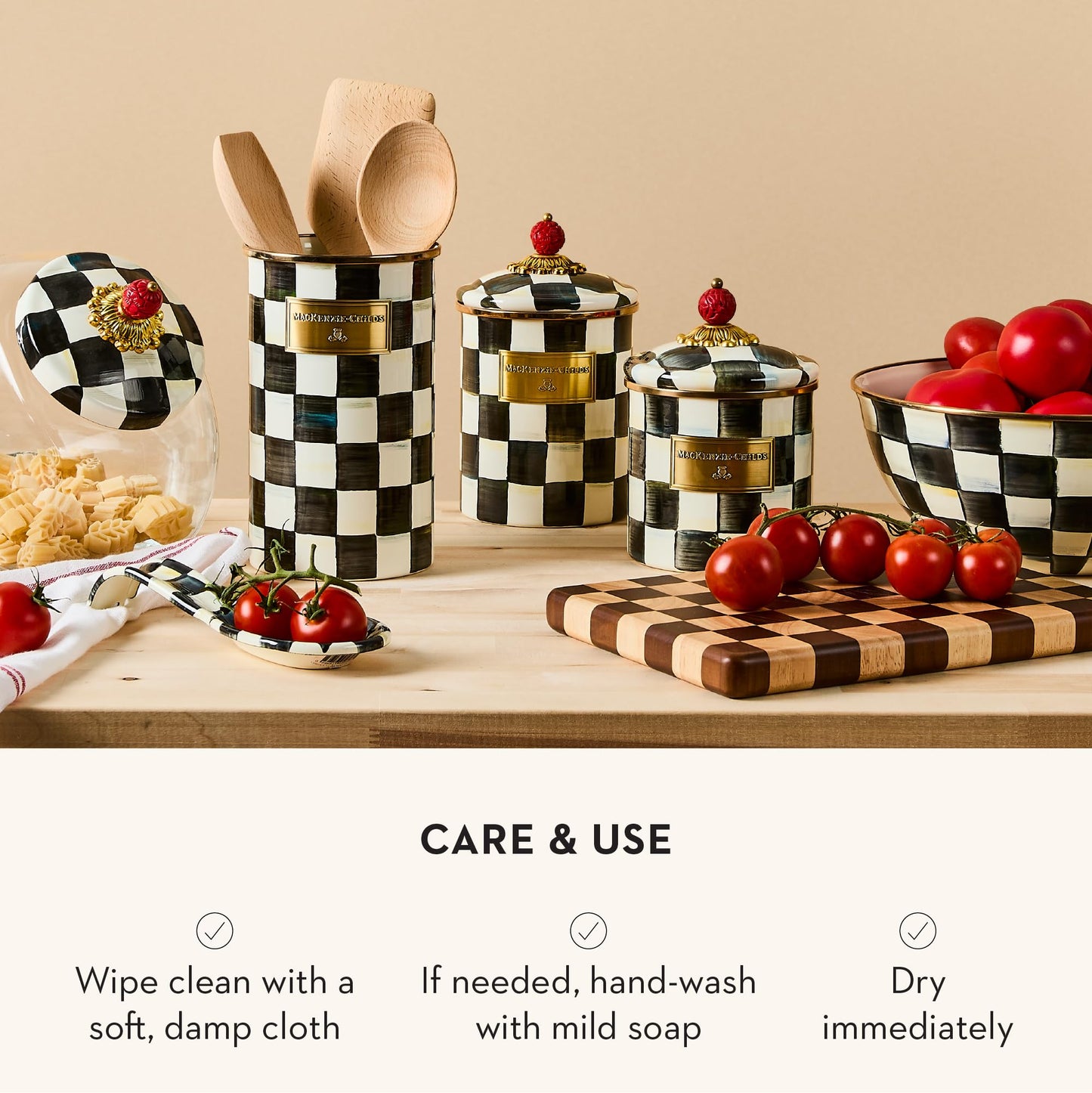 MACKENZIE-CHILDS Medium Enamel Canister, Kitchen Storage Container for Flour and Sugar, 1.42 Liters, Black-and-White Courtly Check