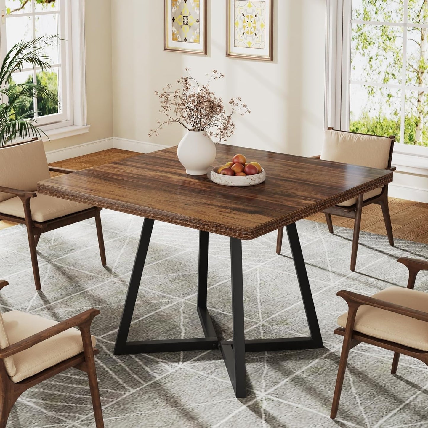 Tribesigns Square Dining Table for 2, 31.5" Industrial Dinner Table with Metal Base, Kitchen Table for Dining Room, Small Space, Apartment, Rustic Brown & Black