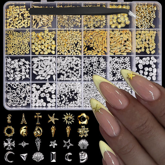 Gold Silver Nail Charms 3D Alloy Flower Nail Gems Ocean Beach Starfish Seashell Nail Jewels Multi-Shapes Metal Sun Moon Star Nail Art Supplies with Tweezer for Women DIY Acrylic Nail 24 Grids 1 Box