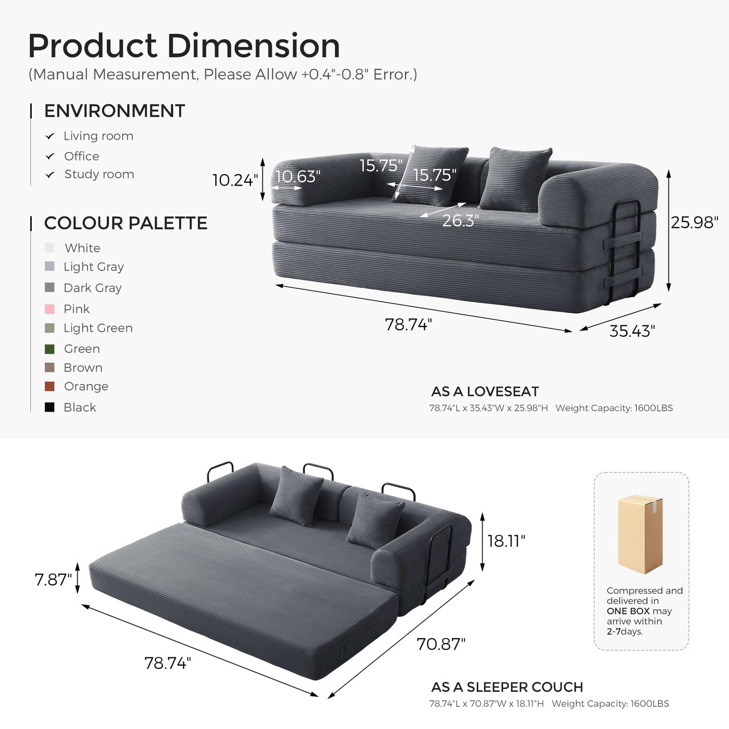 SAVENICA 79" Floor Sofa Bed, 5-in-1 Convertible Sleeper Sofa with Removable Armrests, Corduroy Fabric Sofa Couch, No Assembly Required for Living Room, Dorm, Studio (Dark Gray)