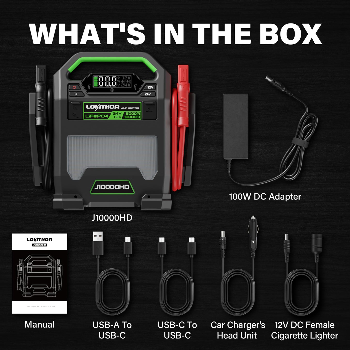 LOKITHOR J10000HD 10000 Amp 12-Volt and 5000 Amp 24-Volt Jump Starter, Portable Lithium Iron Phosphate (LiFePO4) Car Battery Booster Pack, Jumper Box for Gasoline and Diesel Engines Up to 16-Liters