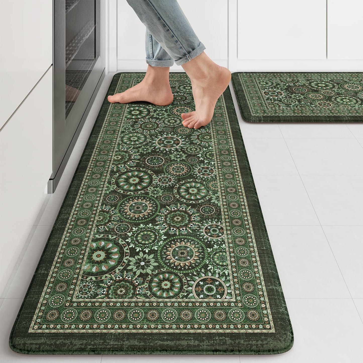 KIMODE Anti Fatigue Kitchen Mats for Floor 2 Piece Cushioned Boho Kitchen Rugs Memory Foam Kitchen Floor Mats Standing Desk Mats for Laundry Office Sink Green 17"x47"+17"x29"
