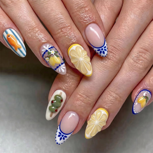 octoswave Long Almond Press on Nails with 3D Fruit & Fish Art - Acrylic Fake Nails for Women, Perfect for Summer Vacations, Parties & Beach Outings - 30Pcs