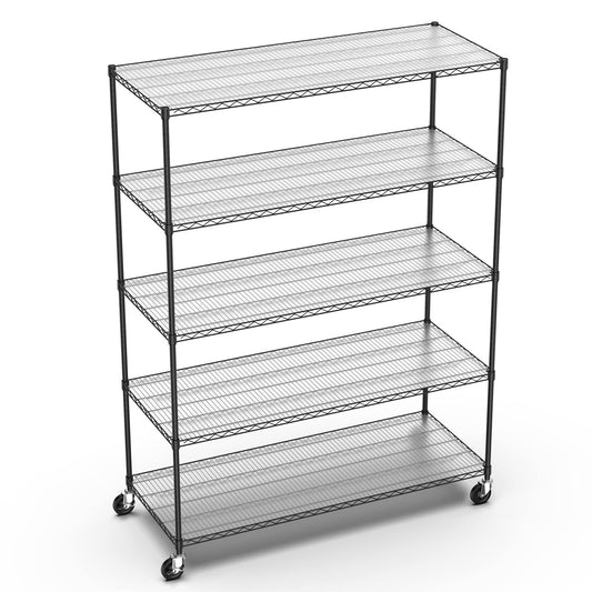 pouseayar Heavy Duty Metal 5 Tier Shelf Wire Shelving Unit, 7500lbs Capacity NSF Adjustable Storage Rack with Wheels & Shelf Liners for Commercial Grade Utility Steel Storage Rack Home Office Black