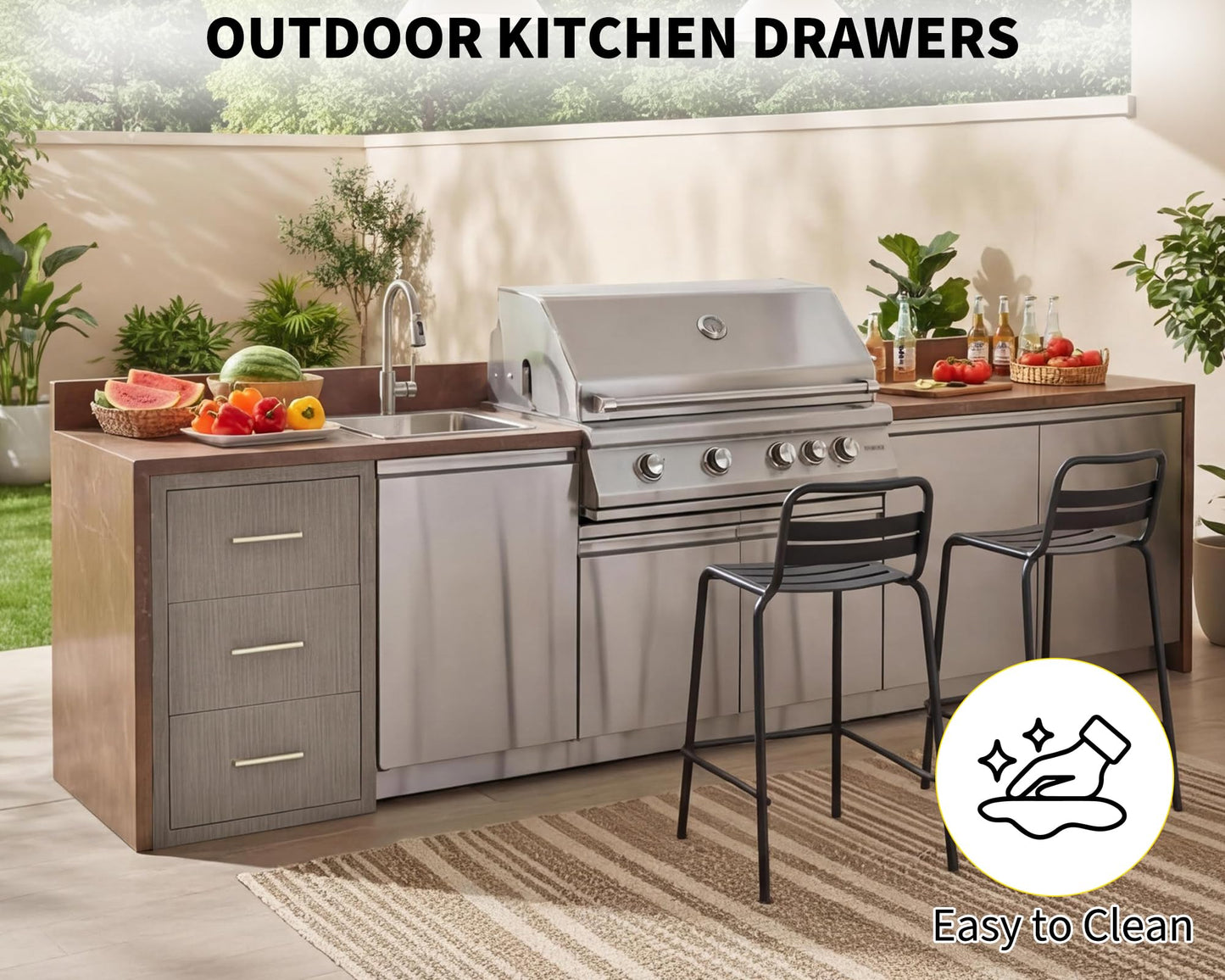 GAOMON Outdoor Kitchen Drawers 17" W x 30" H x 21" D, Flush Mount Triple BBQ Drawers with Stainless Steel Handle, Paper Towel Holder Combo for BBQ Island, Patio Grill Station