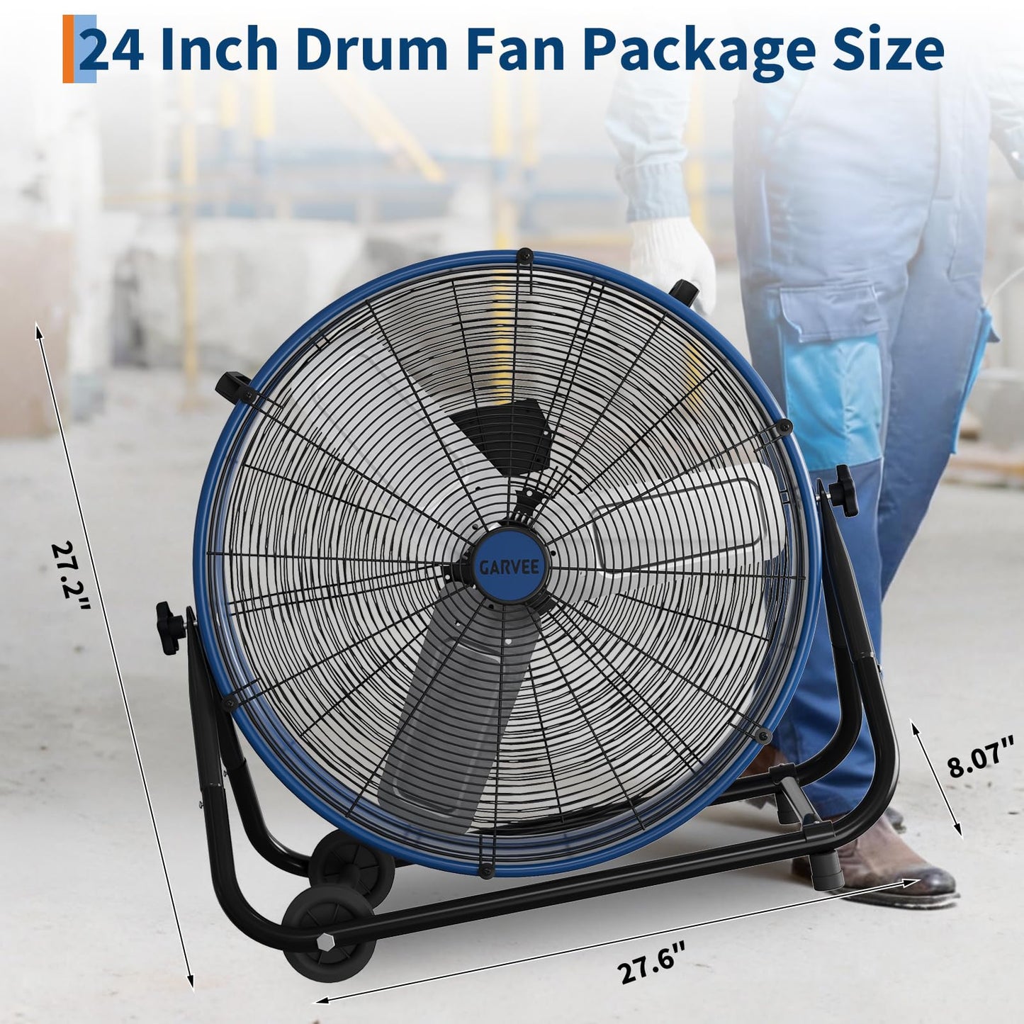 Garvee 24" High Velocity Industrial Fan, Floor Fan Heavy Duty Industrial Fan with Adjustable 3 Speed 4800-8800 CFM Cooling, for Industrial Commercial Space Garage, Metal Blades/360° Rotation, Blue