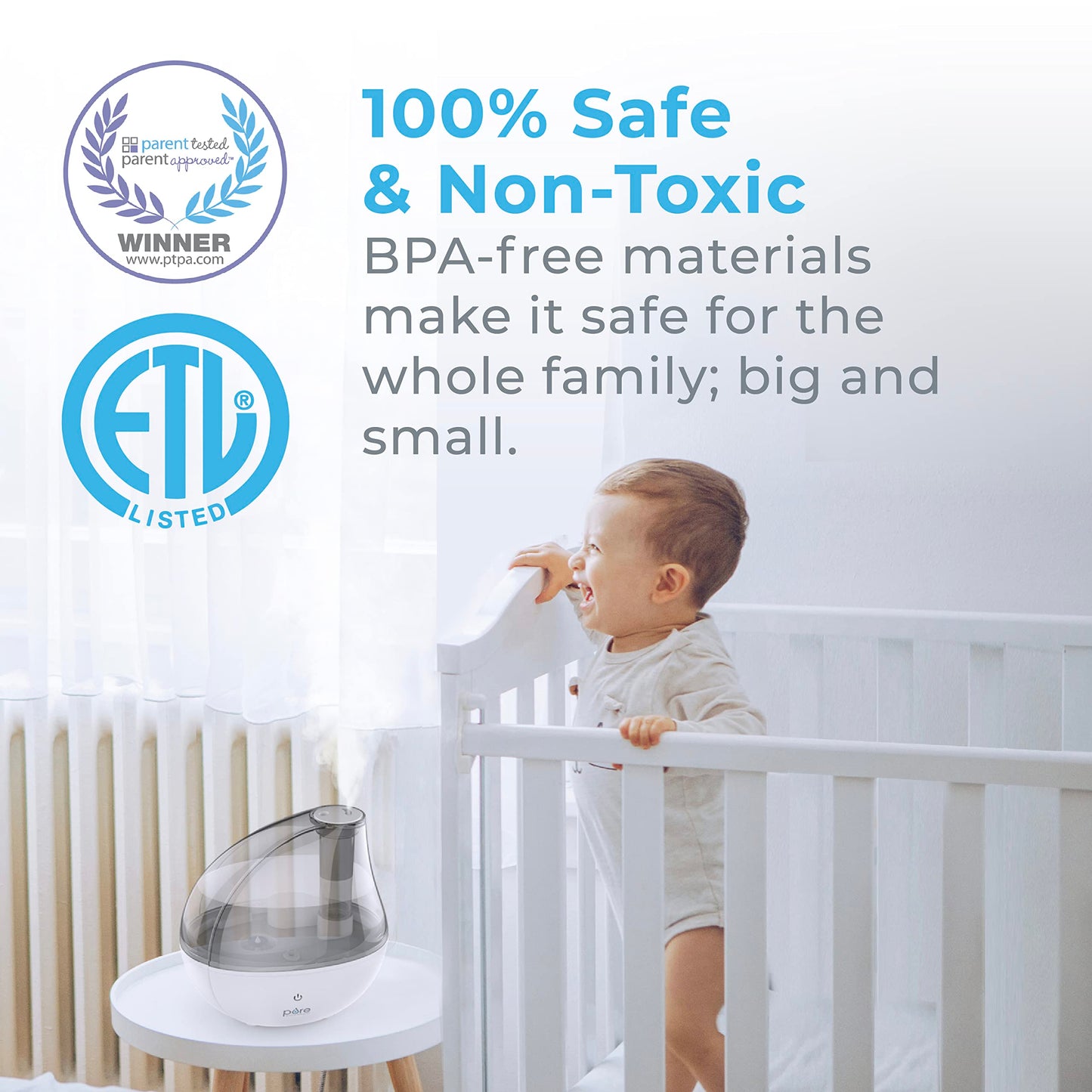 Pure Enrichment MistAire Silver Ultrasonic Cool Mist Humidifier for Bedroom, Office, Nursery & Indoor Plants - Lasts Up to 25 Hours, Whisper-Quiet Operation, Optional Night Light, & Auto Shut-Off