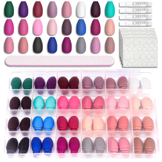 LADYING Press On Nails, 576 Pcs Medium Length Square False Nails with Matte Finish, 24 Color Sets, Acrylic ABS Material, Includes Nail Glue, Adhesive Tabs,and File