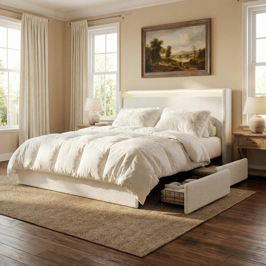 GarveeHome Boucle Queen Size Bed Frame, Cloud Cream Platform Bed Frame with 4 Storage Drawer and Upholstered Headboard, Soft Boucle Fabric, No Box Spring Required, Easy Assembly, White