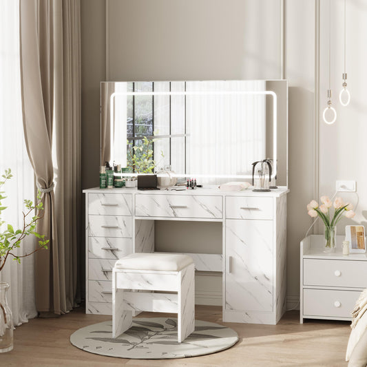 GarveeTech Makeup Vanity, Vanity Desk with Large Mirror and Lights, Charging Station, 3 Lighting Modes Adjustable Brightness, Vanity Table Set with 7 Drawers, Makeup Table for Bedroom