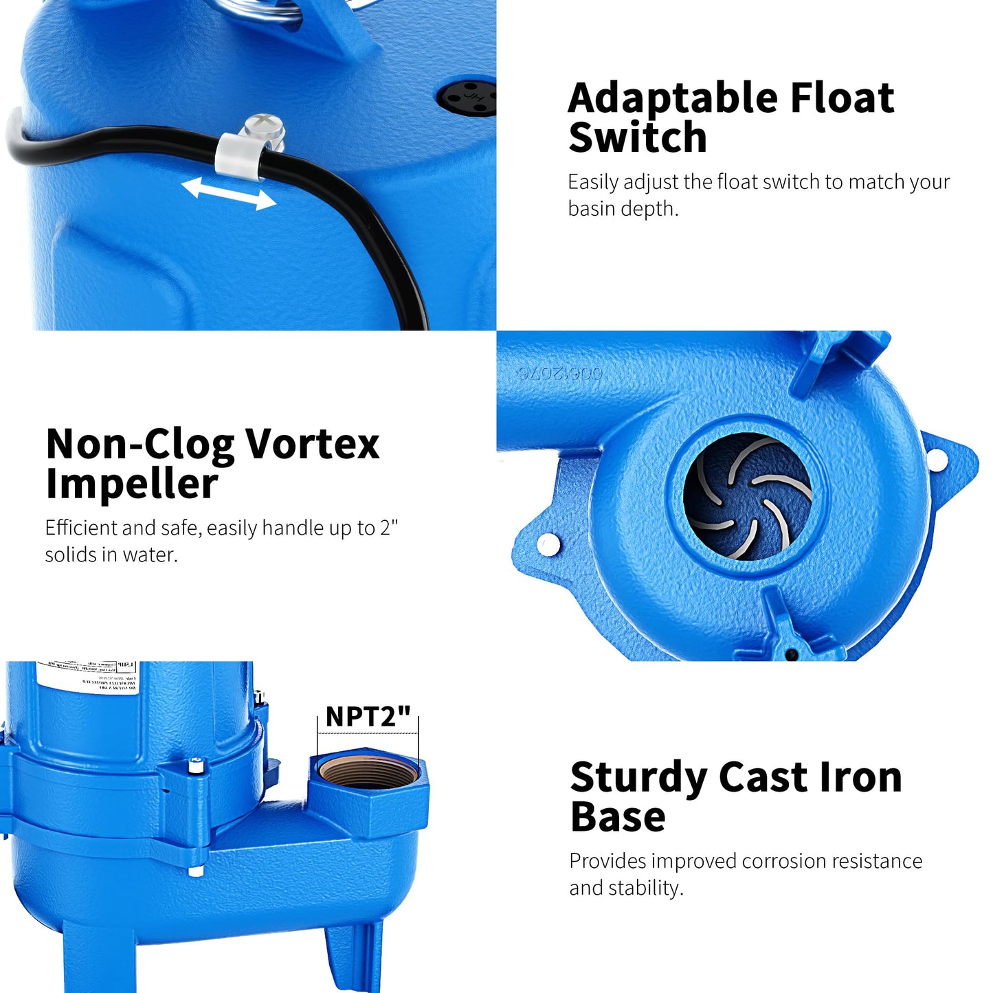 FOTING 1.5HP 9000GPH Submersible Sewage/Effluent Pump, Heavy Duty Cast Iron Septic Pump Automatic/Manual, Sump Pump for Basement, Septic Tank, Sewage Well, Sewage System, 2'' NPT Discharge