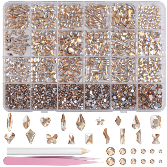 Champagne Gold Nail Art Rhinestones Kit Multi Shapes Crystal Flatback Nail Gems Half Round Rhinestones for Nails, Gold Gems Crystals Glass Rhinestone for Nails Art DIY Supplies Craft