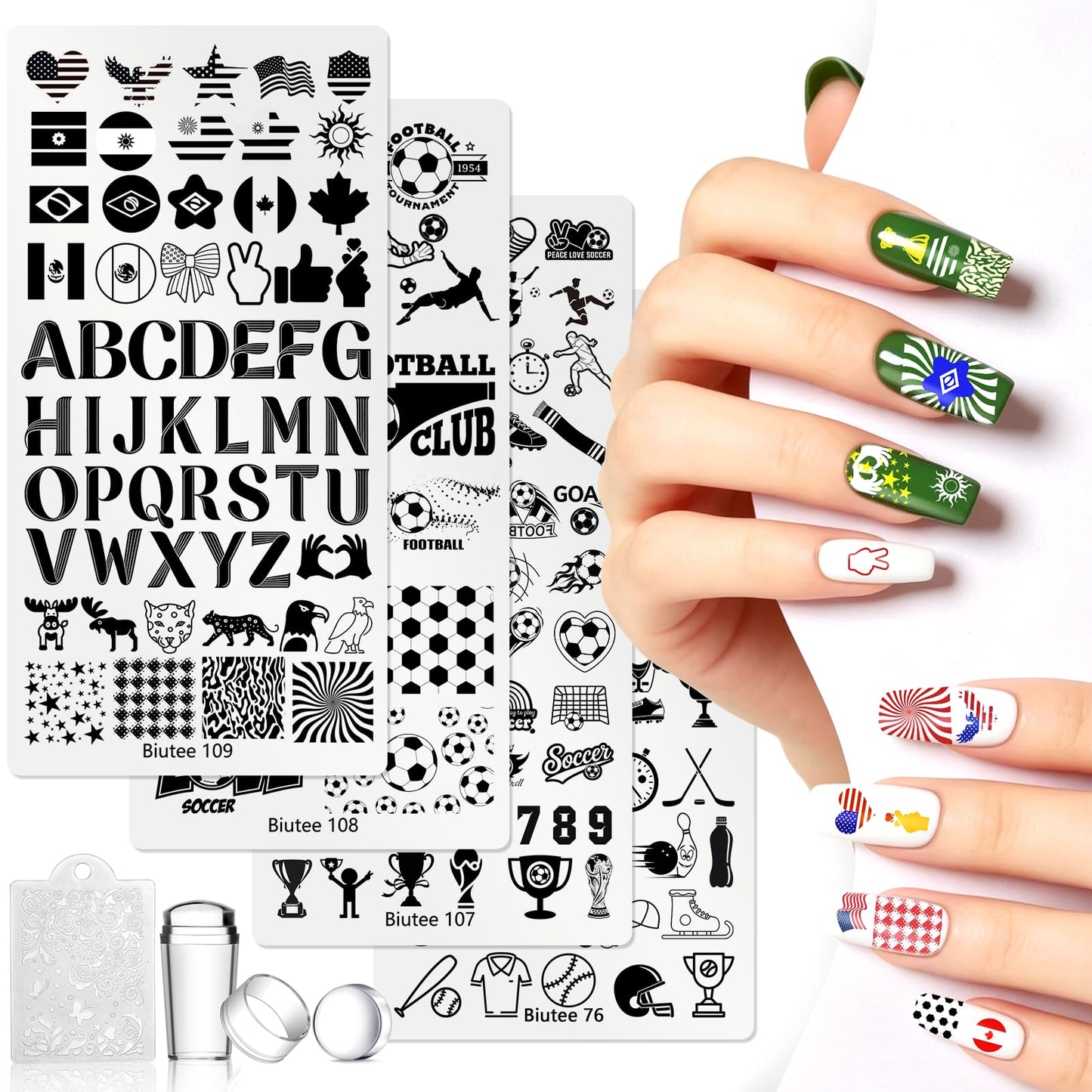 Biutee Nail Stamping Kit with 4 Soccer Nail Stamping Plates, Football Nail Stamp Set with Clear Nail Stamper & Scraper, Nail Art Stamping Plates for DIY Nail Art, Soccer Manicure & Salon Home Design