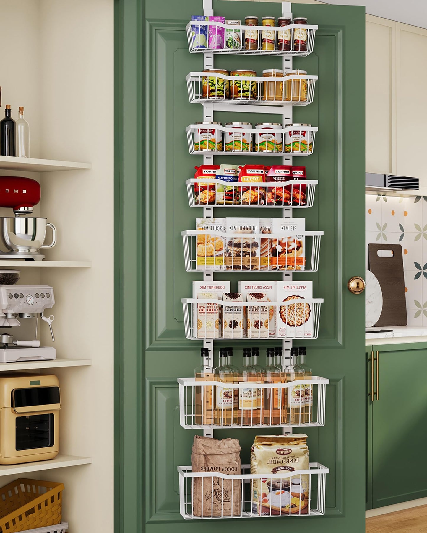 Eastherry Over The Door Organizer，8-Tier Over The Door Pantry Organizer with Adjustable Baskets，Metal Hanging Pantry Organizers and Storage for Kitchen, Back of Door Seasoning Rack (White)