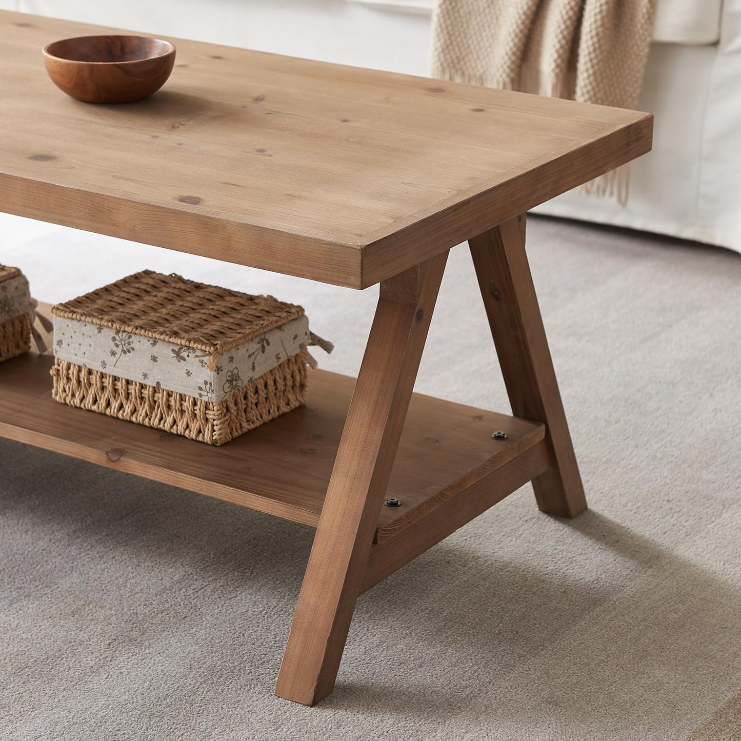 Farmhouse Coffee Table,Solid Wood Center Tables with Storage Shelves & Sturdy A-Shaped Legs, Modern Rustic 2-Tier Rectangular Table for Living Room and Office, Natural