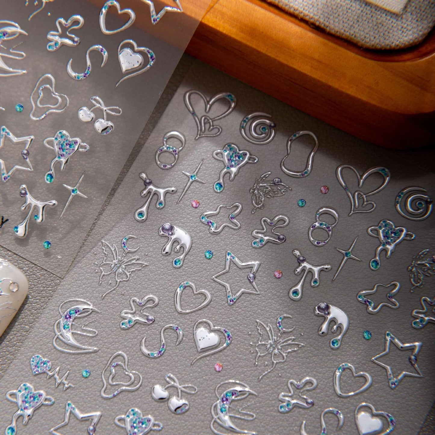 5D Embossed Silver Y2K Nail Art Stickers, Heart Star Moon Nail Decals with Rhinestone Accents, Self-Adhesive Celestial Nail Decorations for Acrylic Gel Nails, DIY Manicure Supplies for Women (1 Sheet)