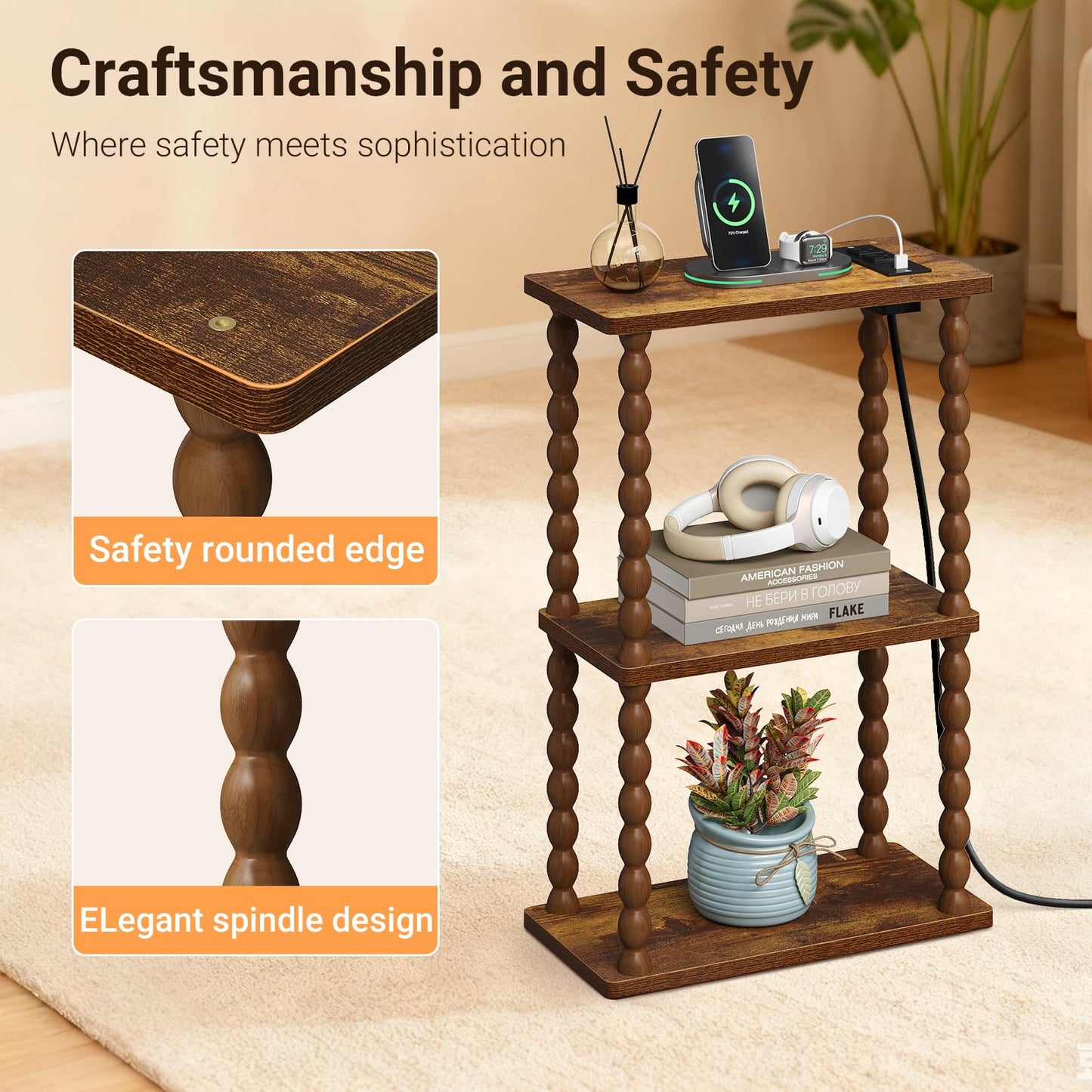 ELYKEN Side Table with Charging Station, Small End Tables Living Room with USB Port and Outlet, 3-Tier Narrow Bedside Table Nightstands for Bedroom, Rustic Brown