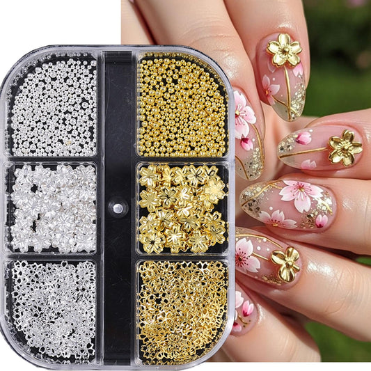 CJDLTS 6 Grids Flowers Nail Decoration, Gold Silver 3D Flower Nail Art Decorations, Metal Cherry Flower Studs with Beads Hollow Flowers Sequins for Women Acrylic Nails DIY Manicure