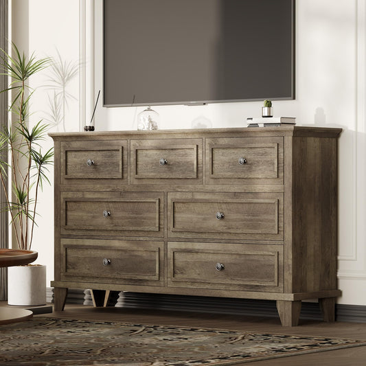 IDEALHOUSE 7 Drawer Dresser, Large Wooden Storage Chest of Drawers with Exquisite Metal Handles, 47" Wide Dresser TV Stand, Drawer Organizer for Bedroom, Living Room, Hallway, Entryway, Grey
