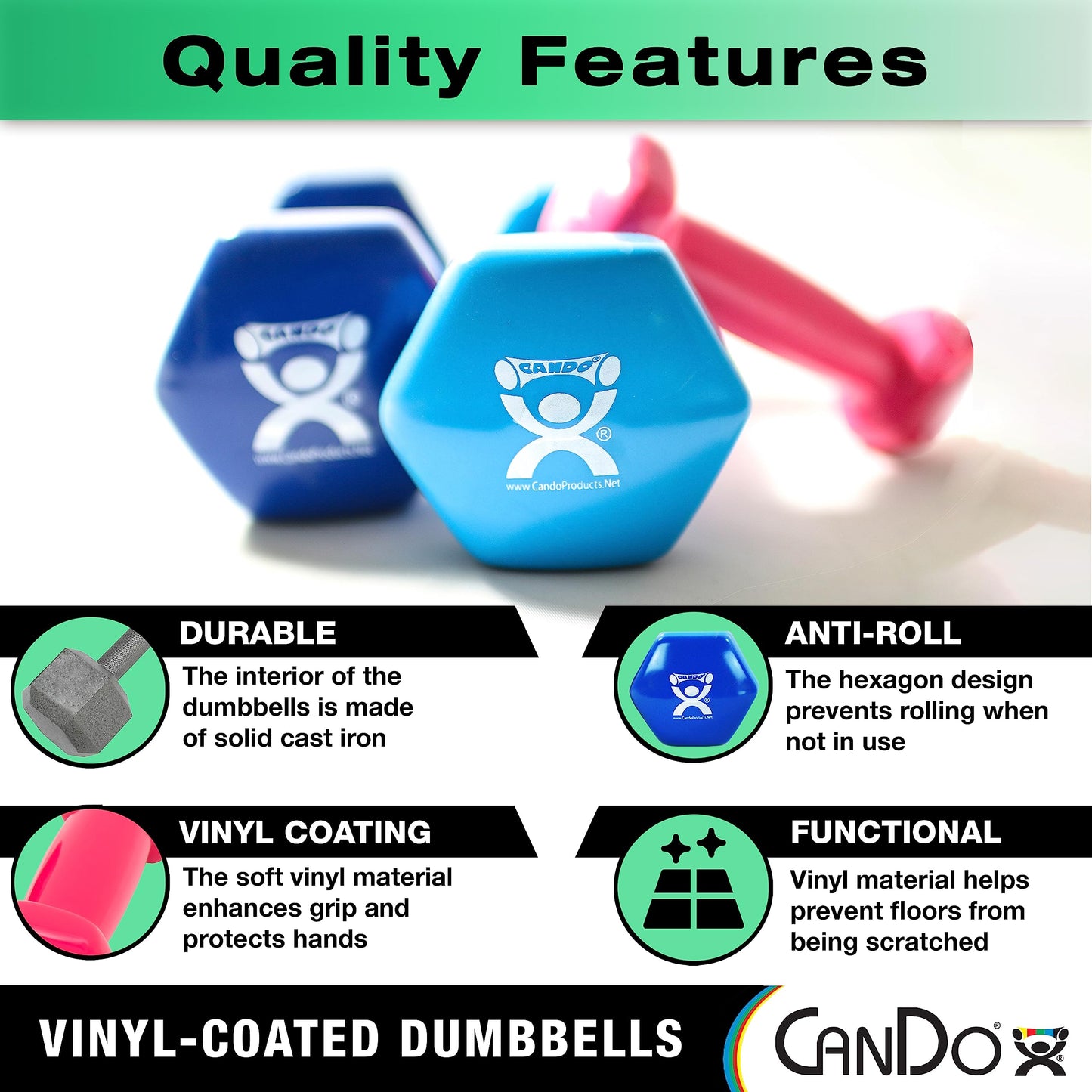 CanDo Vinyl Coated Dumbbell Red 6 lb Single 1pc Handheld Weight for Muscle Training and Workouts, Color Coded Anti-Roll Home Gym Equipment, Beginner and Pro…