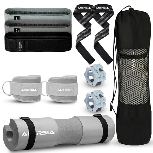 ANERSIA 10 in 1 Barbell Pad Set Grey for Squats & Hip Thrust – Barbell Pad with Resistance Bands, Lifting Straps, Ankle Straps & Barbell Clamps – Weightlifting Accessories Kit for Home Gym
