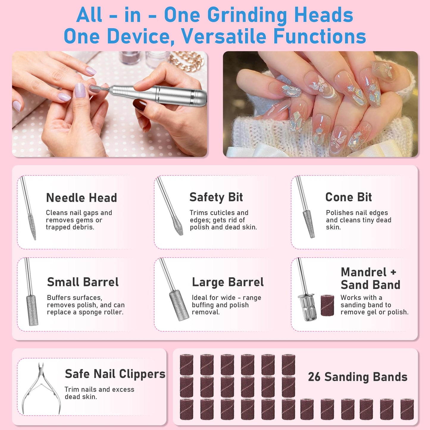 Rvggher Portable Electric Nail Drill Professional 45000 RPM, Rechargeable Electric Nail File Machine Kit for Acrylic Gel Nails Polishing Removing, Quiet E-File with Bits for Manicure Salon Home