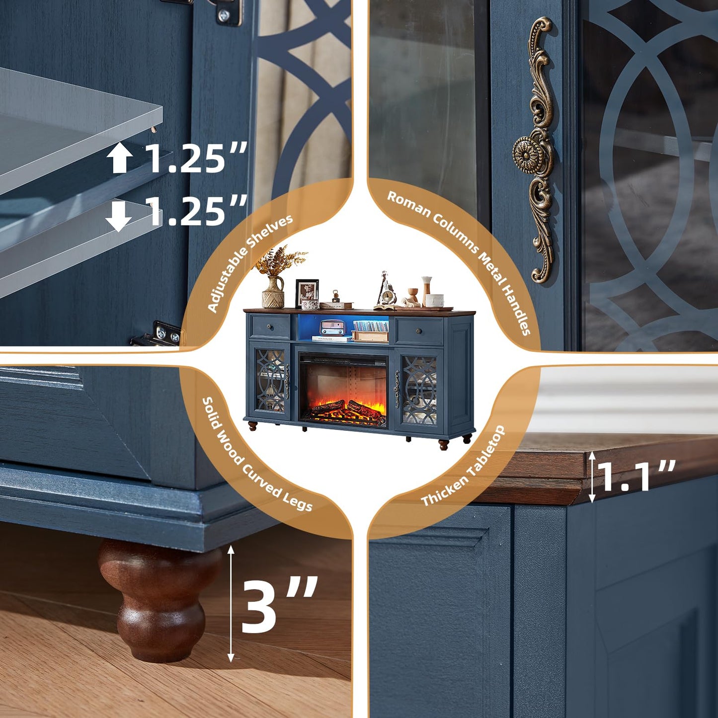 Joaxswe Farmhouse Fireplace TV Stand, 59" Entertainment Center with Electric Fireplace & LED Lights for TVs up to 65'', Glass Door Fire Place TV Stands for Living Room, Media Console w/Drawers, Blue