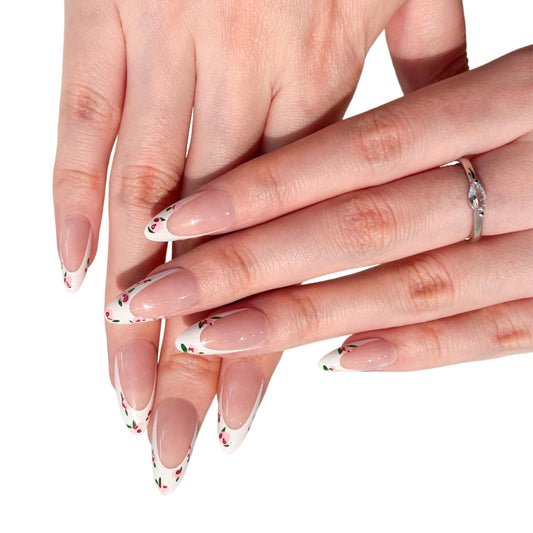 COOCRENAILS Press on Nails, Spring Tulip French Tip, Almond Floral Manicure Set with Botanical Design, 24 Pcs On Nails for Effortless Elegance