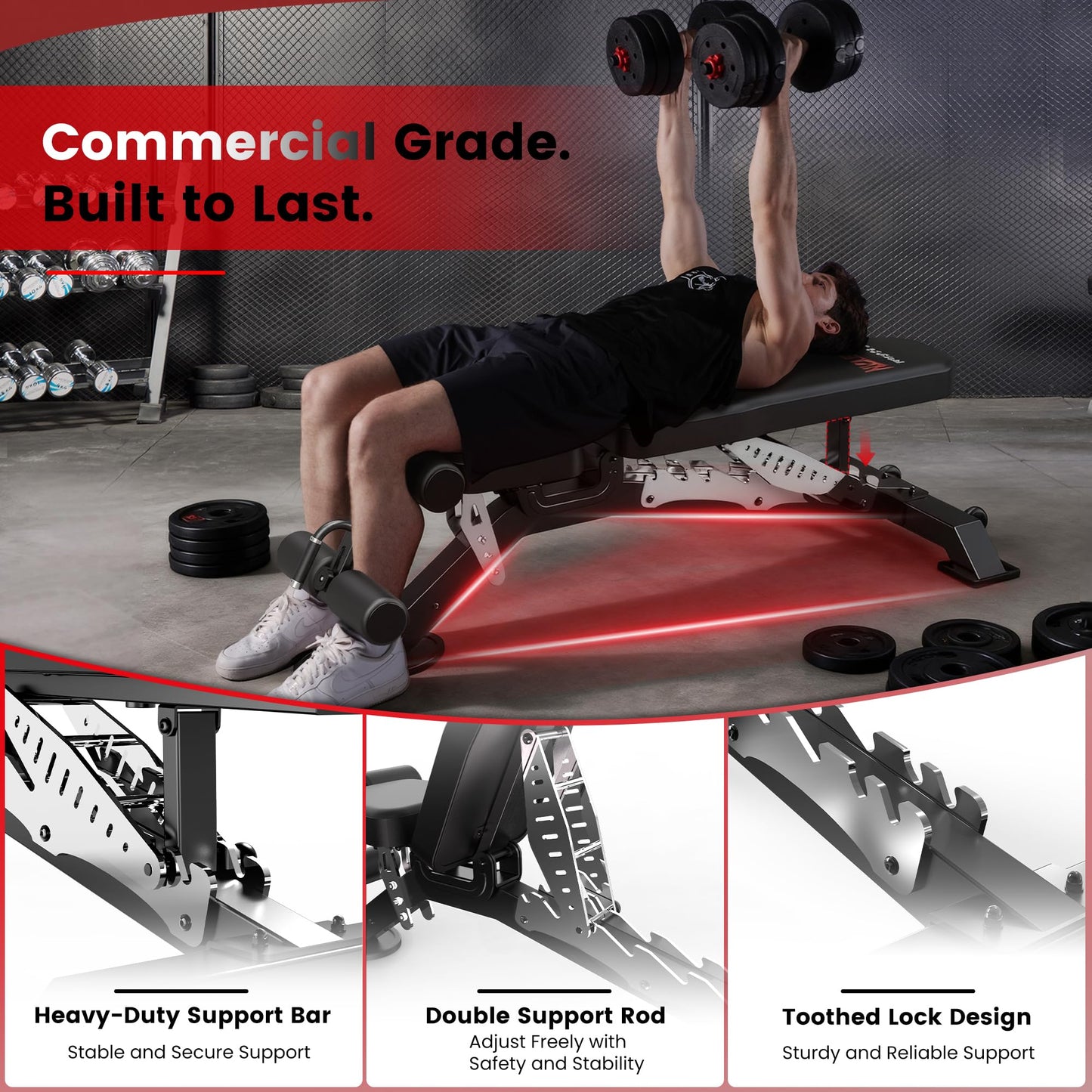 Birdfeel Commercial Adjustable Weight Bench, 1800LBS Heavy Duty Workout Bench for Home Gym Strength Training, Removable Leg Holder for Flat/Incline/Decline Sit Up & Full Body Workout, Silver