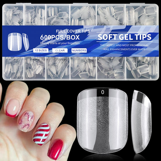 AddFavor 600pcs Short Square Nail Tips, Soft Gel Nail Tips x Clear Fake Nails Full Cover Acrylic Nails Tips for Extension Nail Manicure Salon Home DIY