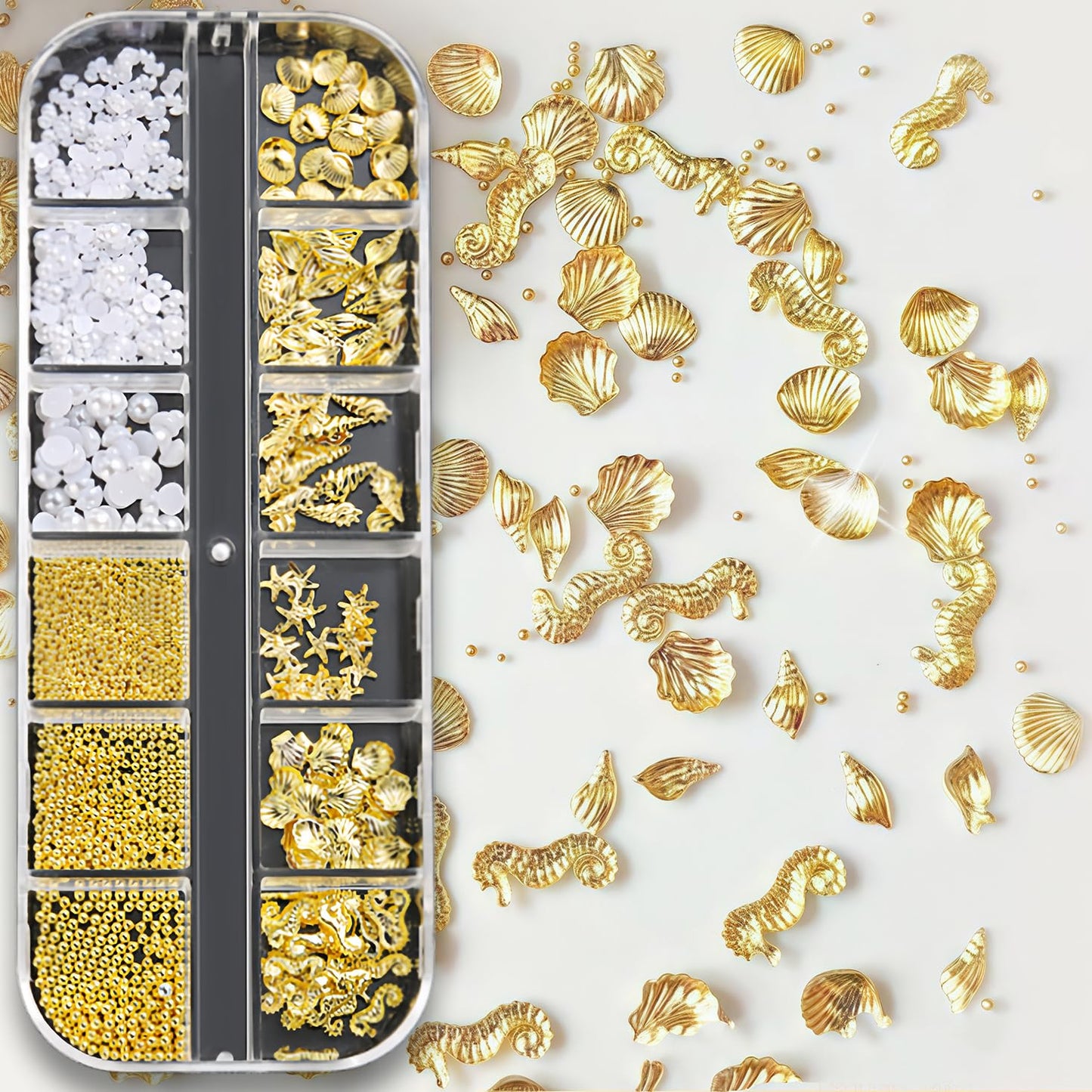 Summer Nail Charms 3D Steel Studs Metal Art Charms Pearls Seashell Starfish Gold Nail Rhinestones Ocean Theme Designs Conch Alloy Nail Rivets Caviar Beads Nail Supplies for Women Manicure 12 Grids