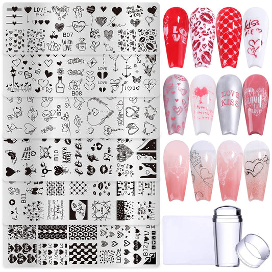8pcs Heart Lip Valentine's Day Nail Stamping Plate Heart Print Holiday Nail Stencil Art Template with Nail Stamp Scrape Romantic Manicure Salon Supplies for DIY Nail Art