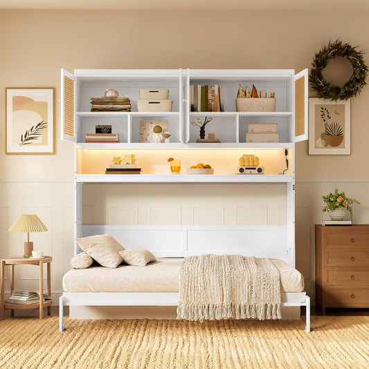 Merax Twin Murphy Bed Frame with Top Cabinet, Multi Storage Shelves & 4 Ratten Doors, 2-in-1 Bed Desk Space Saving Foldable Wall Bed with Light & USB Charging Ports, White