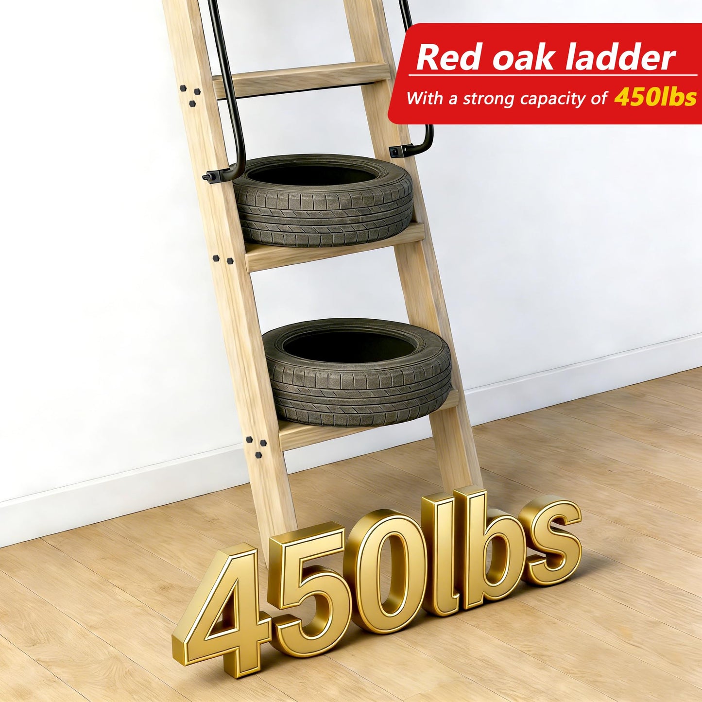 104RDHOUSE 87in Attic Rolling Library Ladder, 7 Step Wooden Ladder with,Loft Ladder Bookshelf,Wall Stairs Red Oak Stair Platform Bunkbed Ladder,for Home Kitchen,Warehouses,Bookstore,DIY Stain