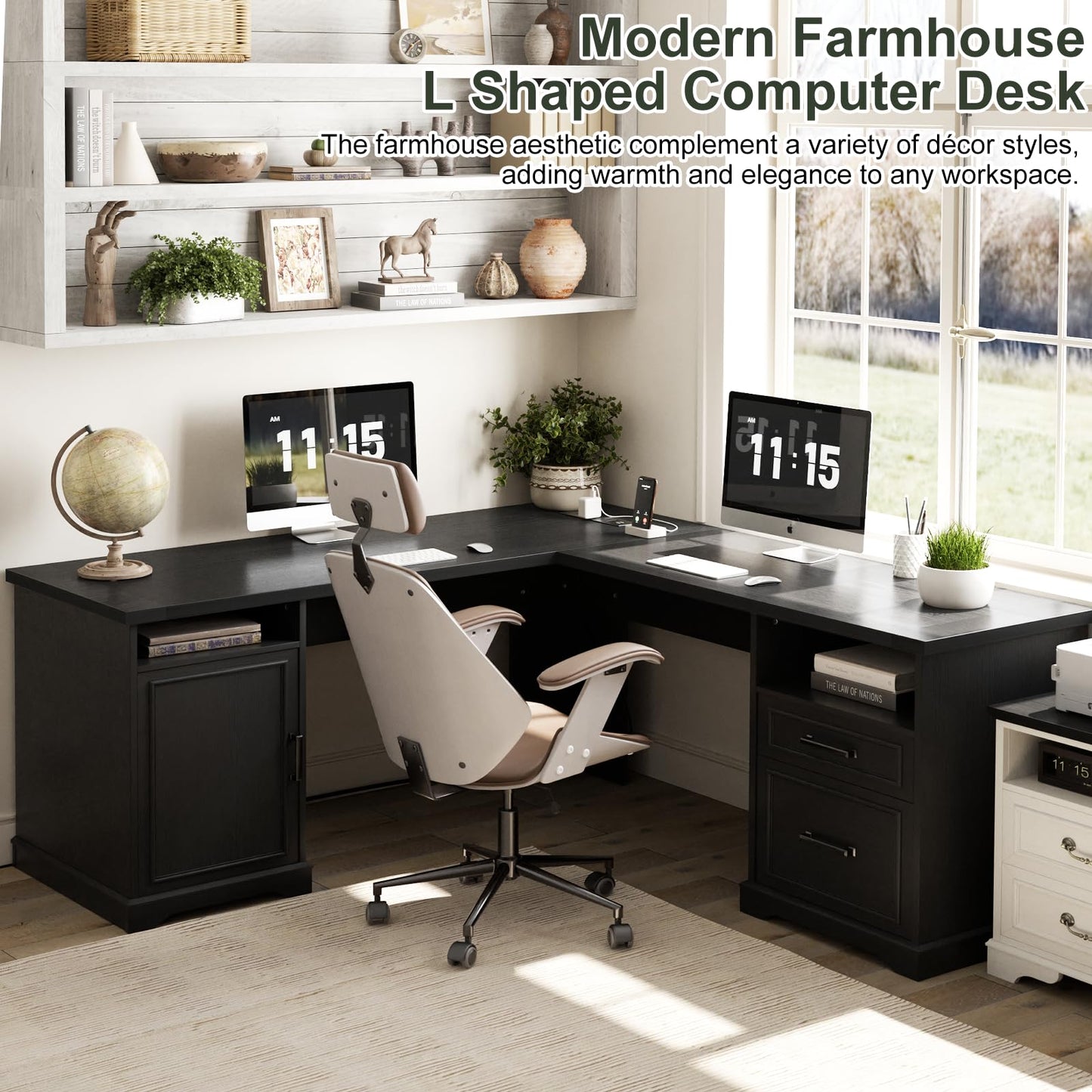 Unikito Farmhouse L Shaped Executive Desk with File Drawers, 60" Corner Computer Desk with Power Outlets, Large 2 Person Home Office Table with Storage Cabinet, Sturdy Writing Desk, Black