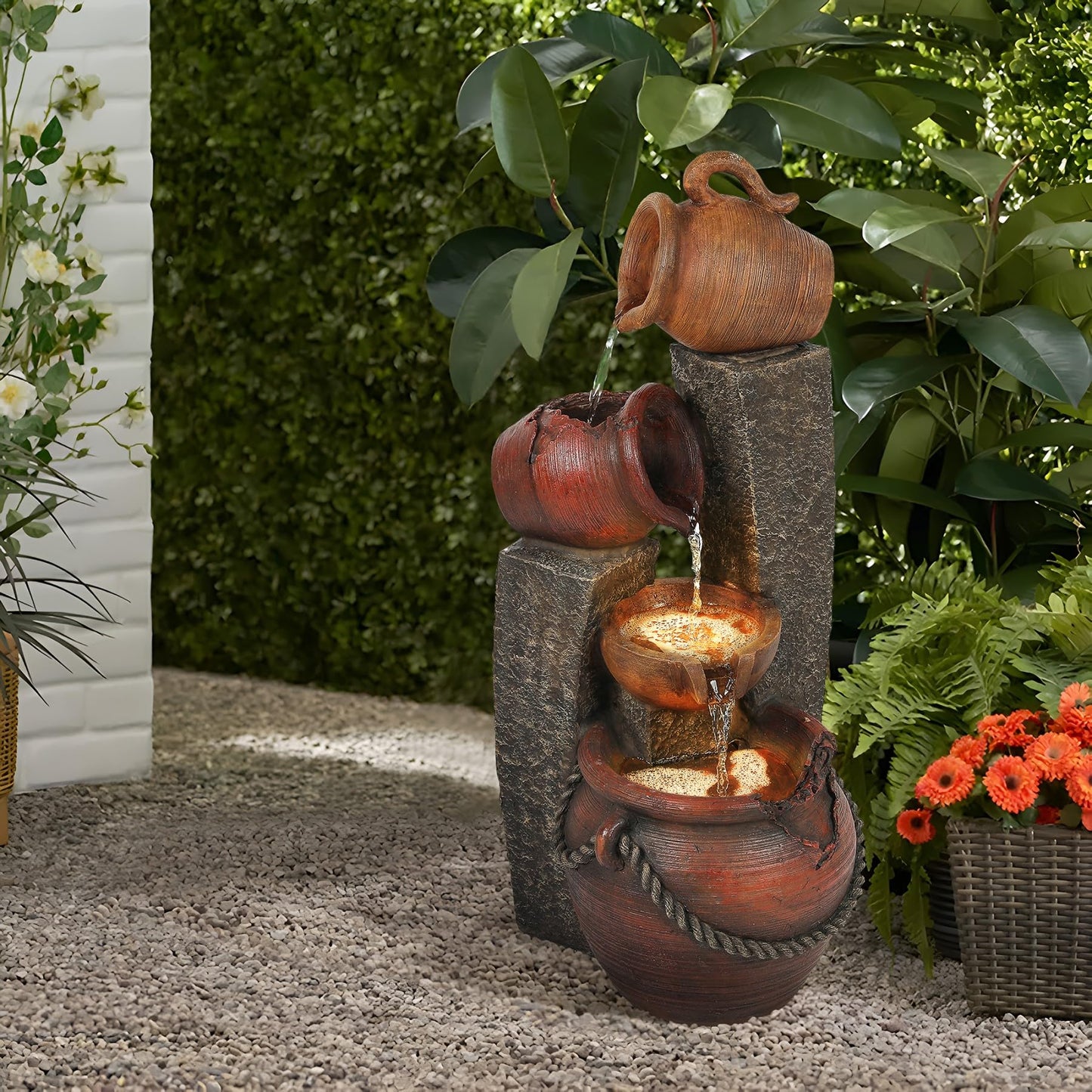 LuxenHome Outdoor Water Fountain, 32 Inch Farmhouse Water Fountain Outdoor with Lights, Cascading Pitchers Po Indoor and Outdoor Fountains and Waterfalls, Garden Water Feature Decor