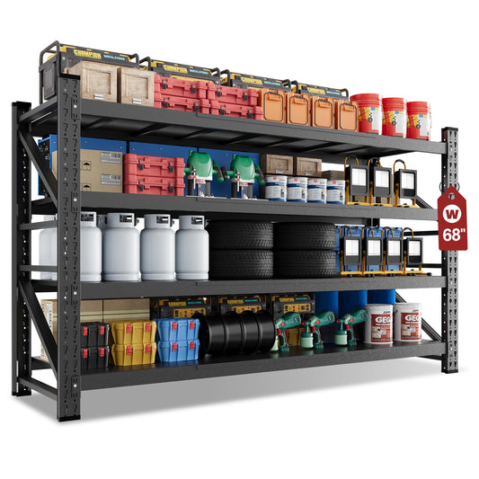 68" Wide Industrial Storage Shelves, 8000LBS Garage Shelving Heavy Duty, Standing Shelf Units, 4 Tier Metal Adjustable Storage Shelving Rack for Shop Warehouse Basement, 68'' W x 24''D x 63.5'' H