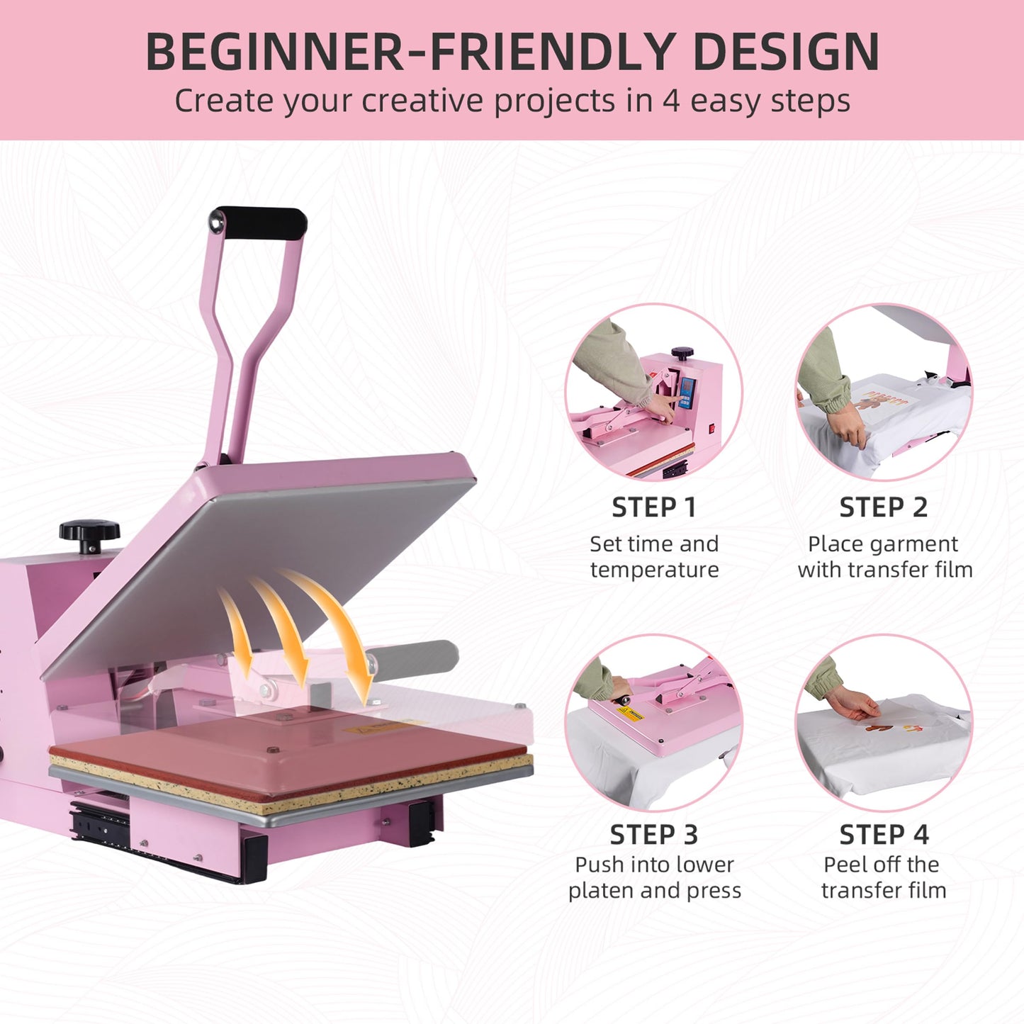 15x15 Inch Heat Press Machine with Slide-Out Drawer, Manual Clamshell Design, Digital Temp & Timer Control, Pink 1400W Heat Transfer Machine for T-Shirts, Vinyl, Fabric, DIY Projects & More