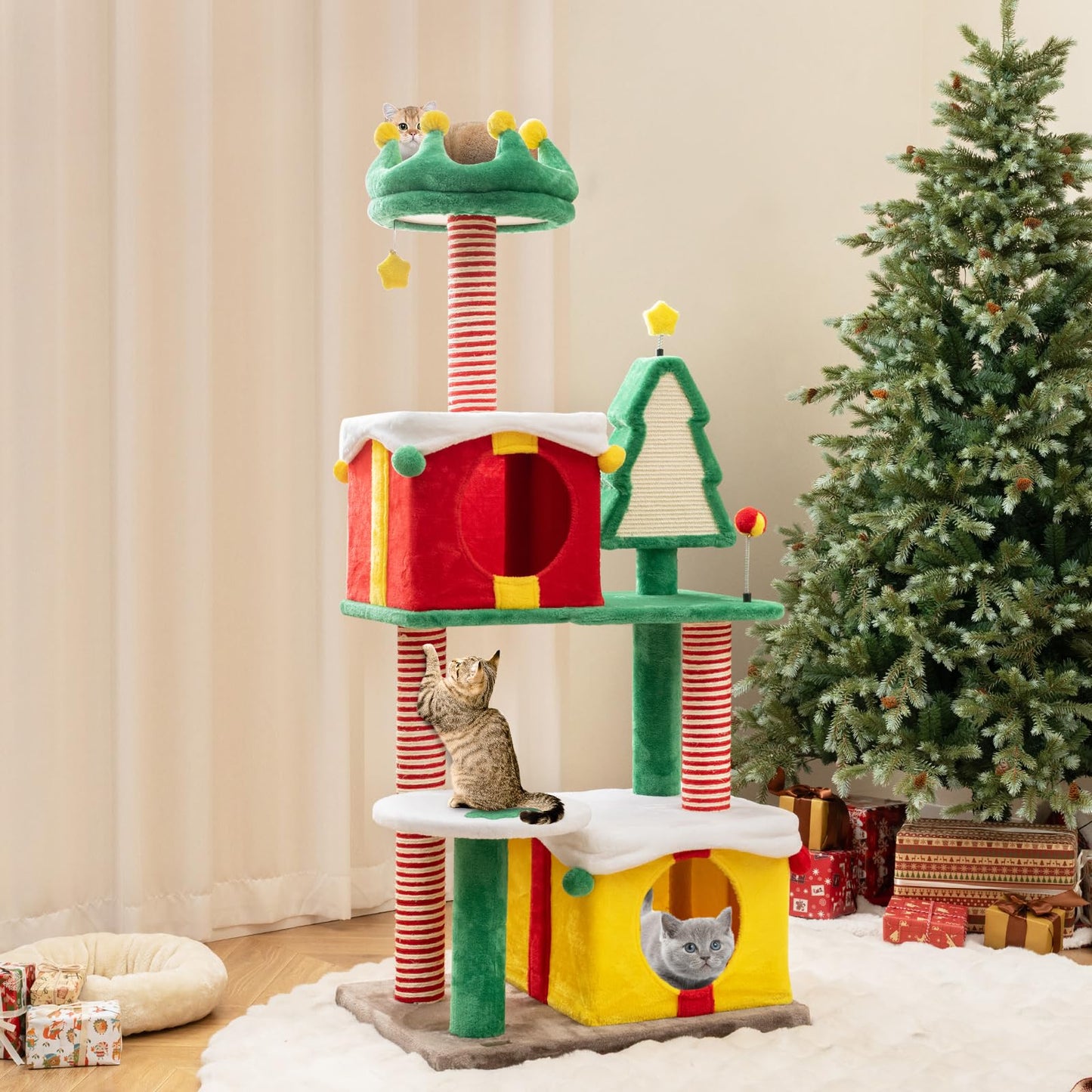 PETSITE 61 inch Christmas-Themed Cat Tree, Multi-Level Cat Tower with Sisal Scratching Posts, 2 Gift Box-Shaped Cat Condos, Hanging Teasing Ball, and Spring Toys, Cute Cat Tree Tower for Indoor Cats