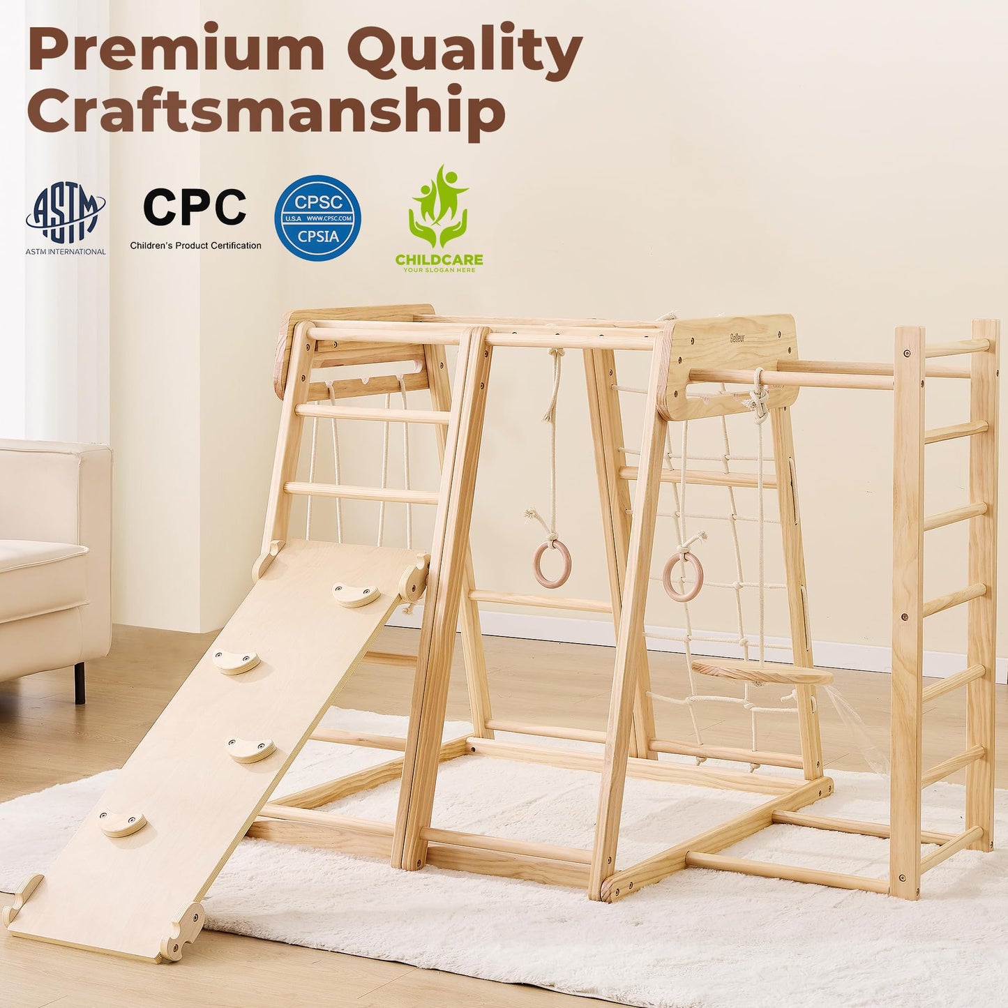 Belleur 8 in 1 Indoor Jungle Gym for Kids 1-6, Wooden Indoor Playground with Slide & Swing, Montessori Climbing Set with Climbing Net & Monkey Bars